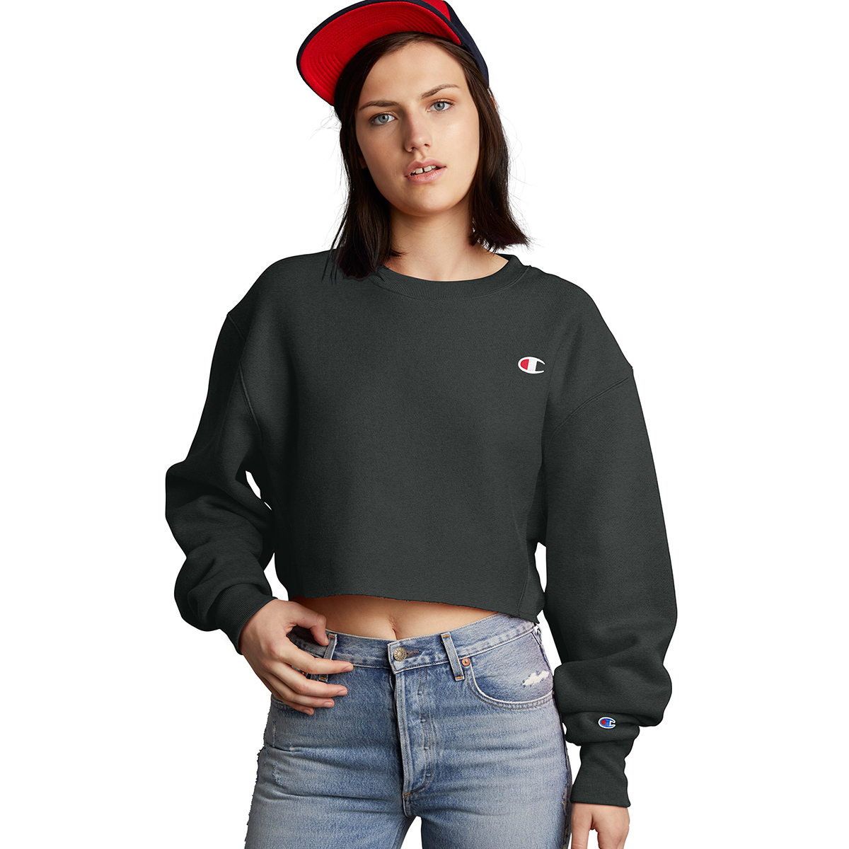 Champion Women's Reverse-Weave Cropped Cut-Off Hoodie - Black, M