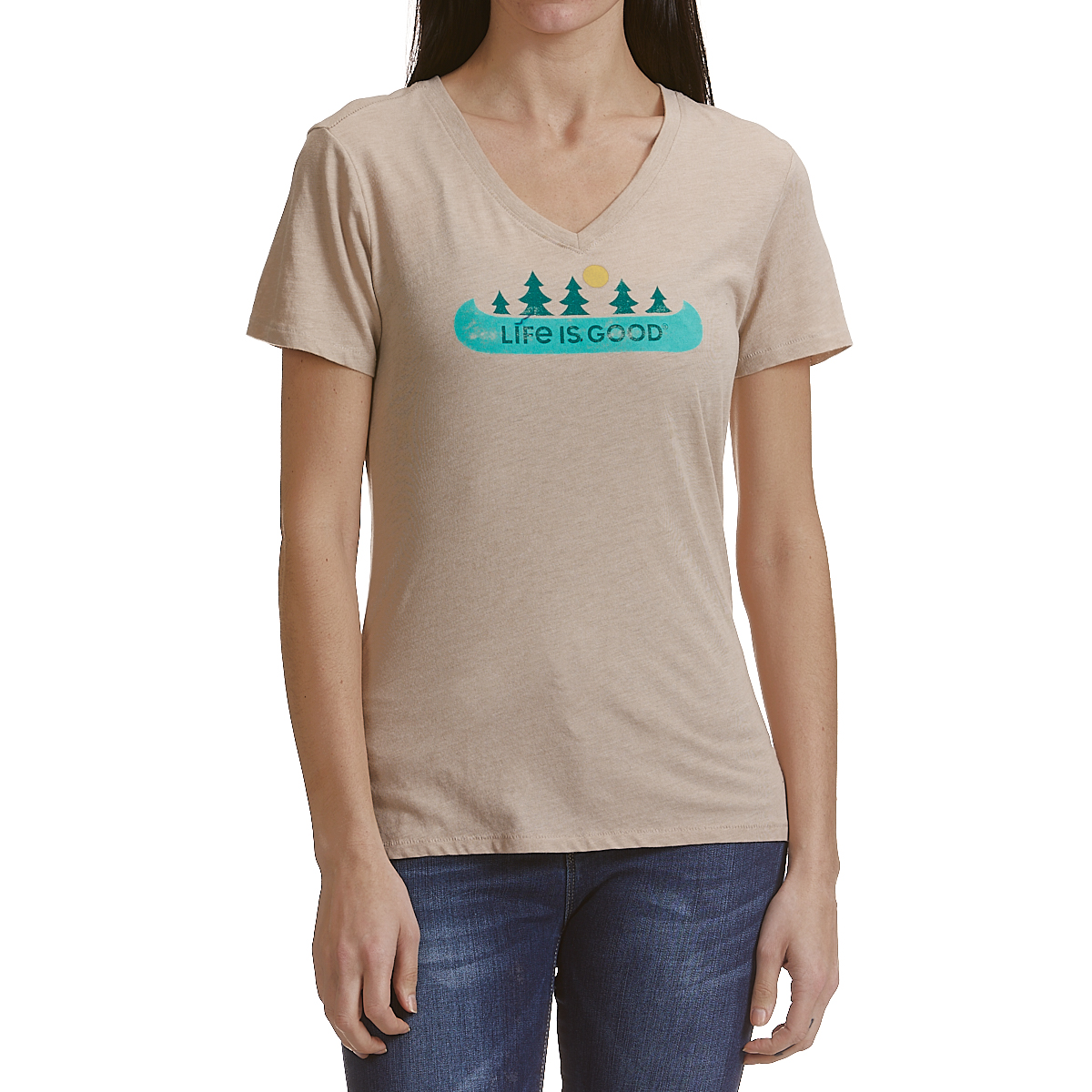 Life Is Good Women's Canoe Landscape V-Neck Tee - Green, M