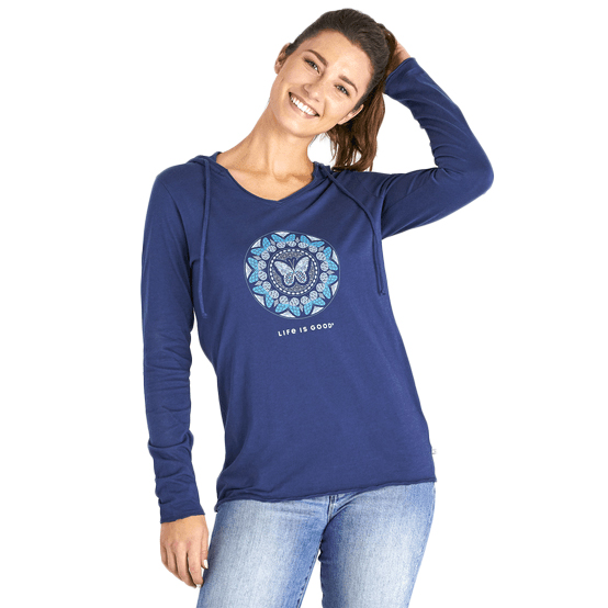 Life Is Good Women's Hooded Butterfly Coin Long Sleeve Tee - Blue, M