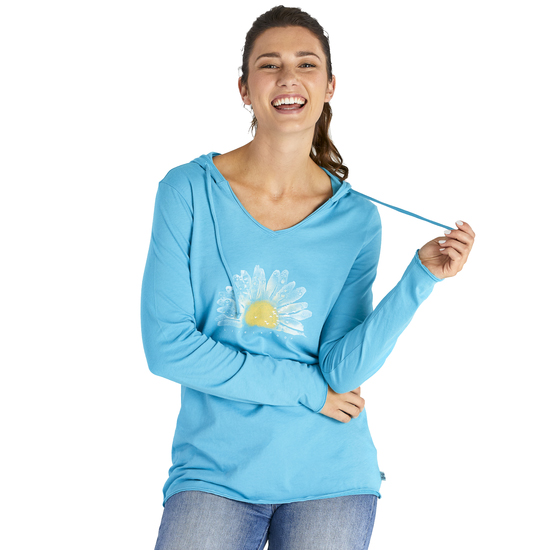 Life Is Good Women's Hooded Watercolor Daisy Long Sleeve Tee - Blue, M