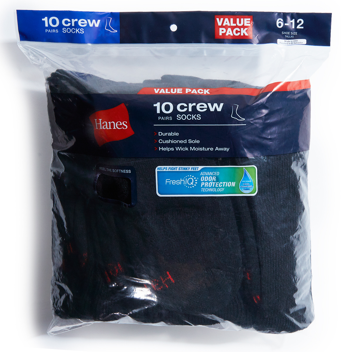 Hanes Men's Crew Socks, 10 Pack - Black, L