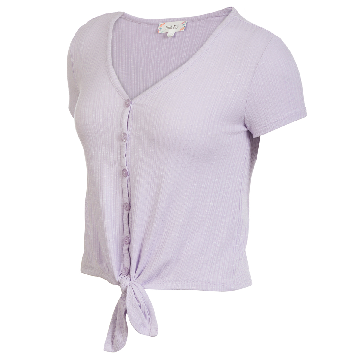 Pink Rose Juniors' Short-Sleeve Variegated Rib Button Tie-Front Tee - Purple, S