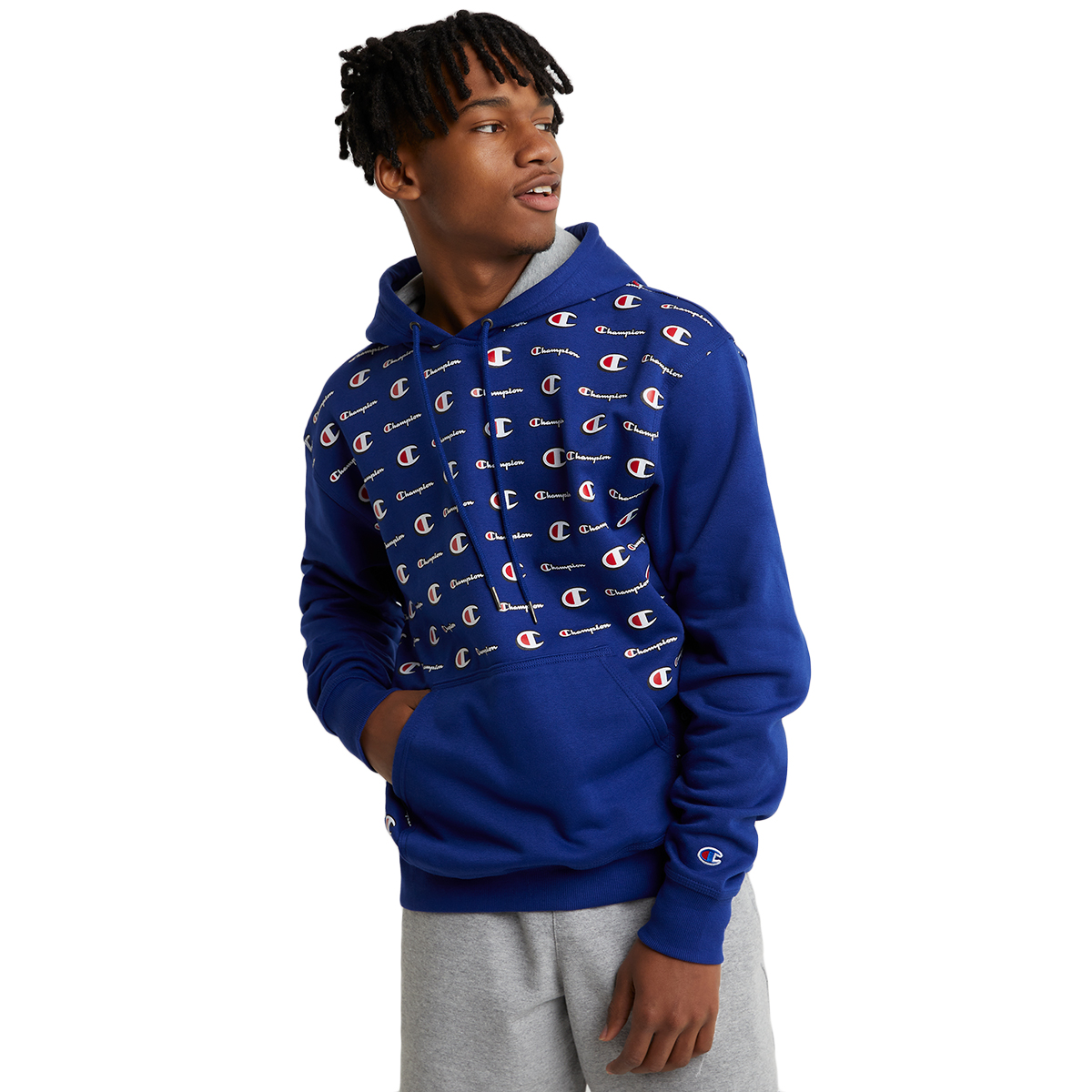 Champion Men's Powerblend All Over Logo Fleece Hoodie, Blue