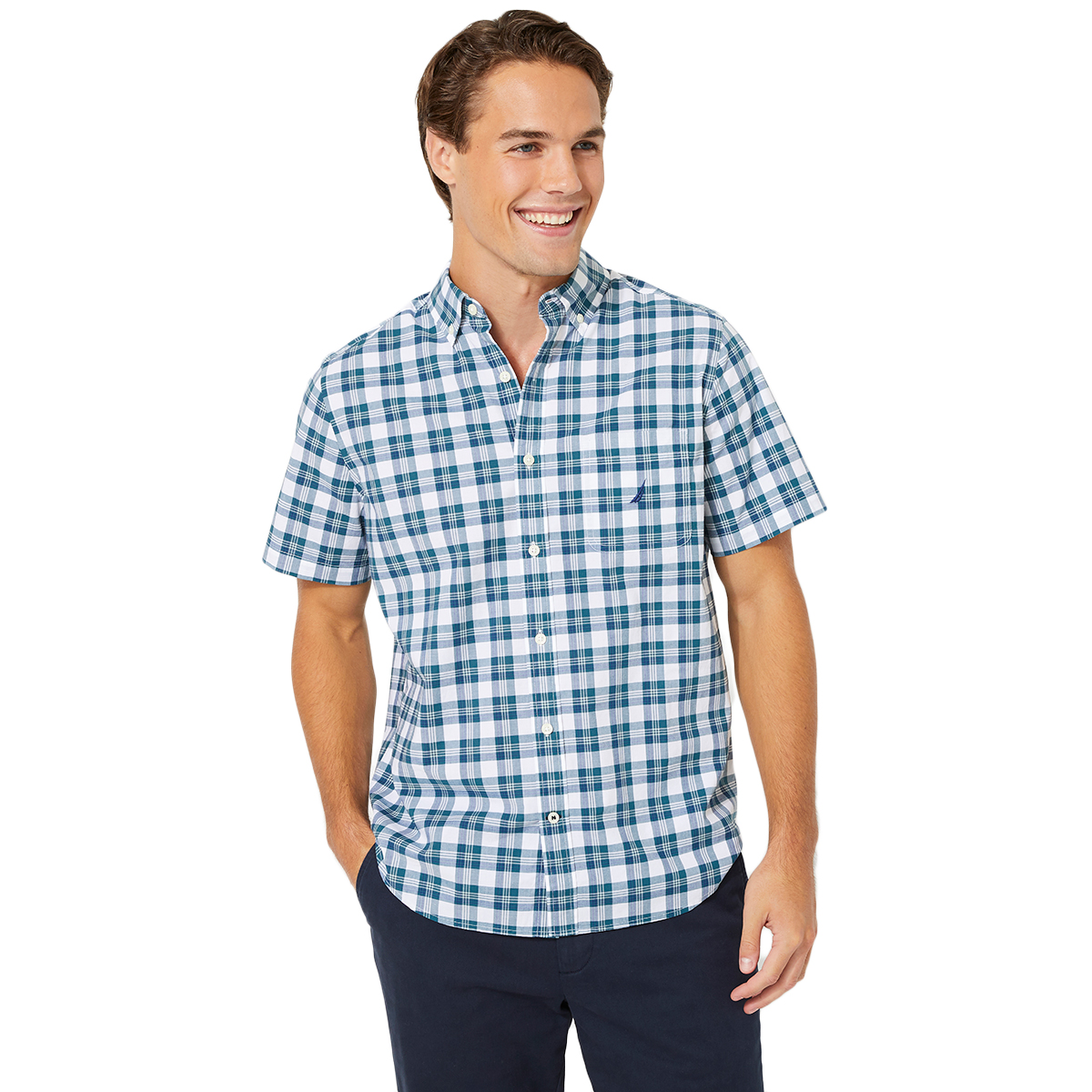 Nautica Men's Classic-Fit Short Sleeve Plaid Poplin Shirt