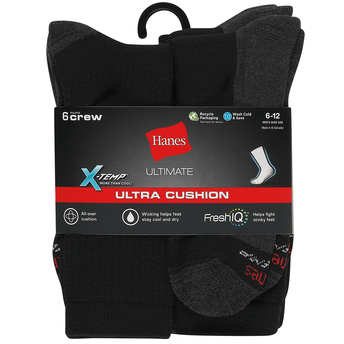 Hanes Men's Ultimate X-Temp Ultra Cushion Crew Socks, 6 Pack
