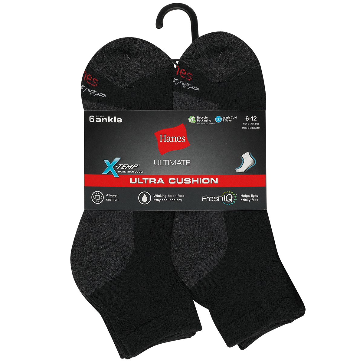 Hanes Men's Ultimate X-Temp Ultra Cushion Ankle Socks, 6 Pack