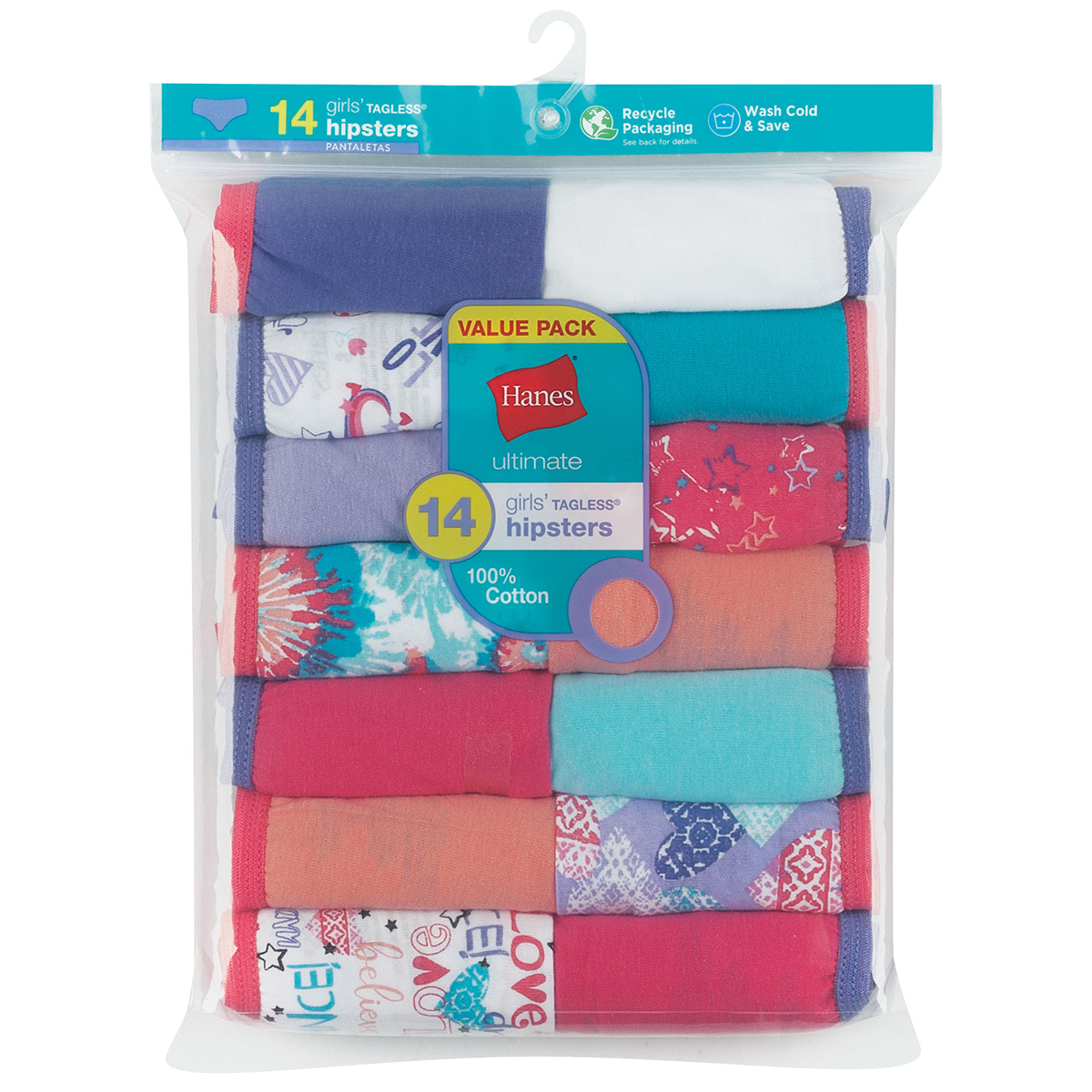 Hanes Girls' Ultimate Cotton Hipster Underwear, 14-Pack Assorted