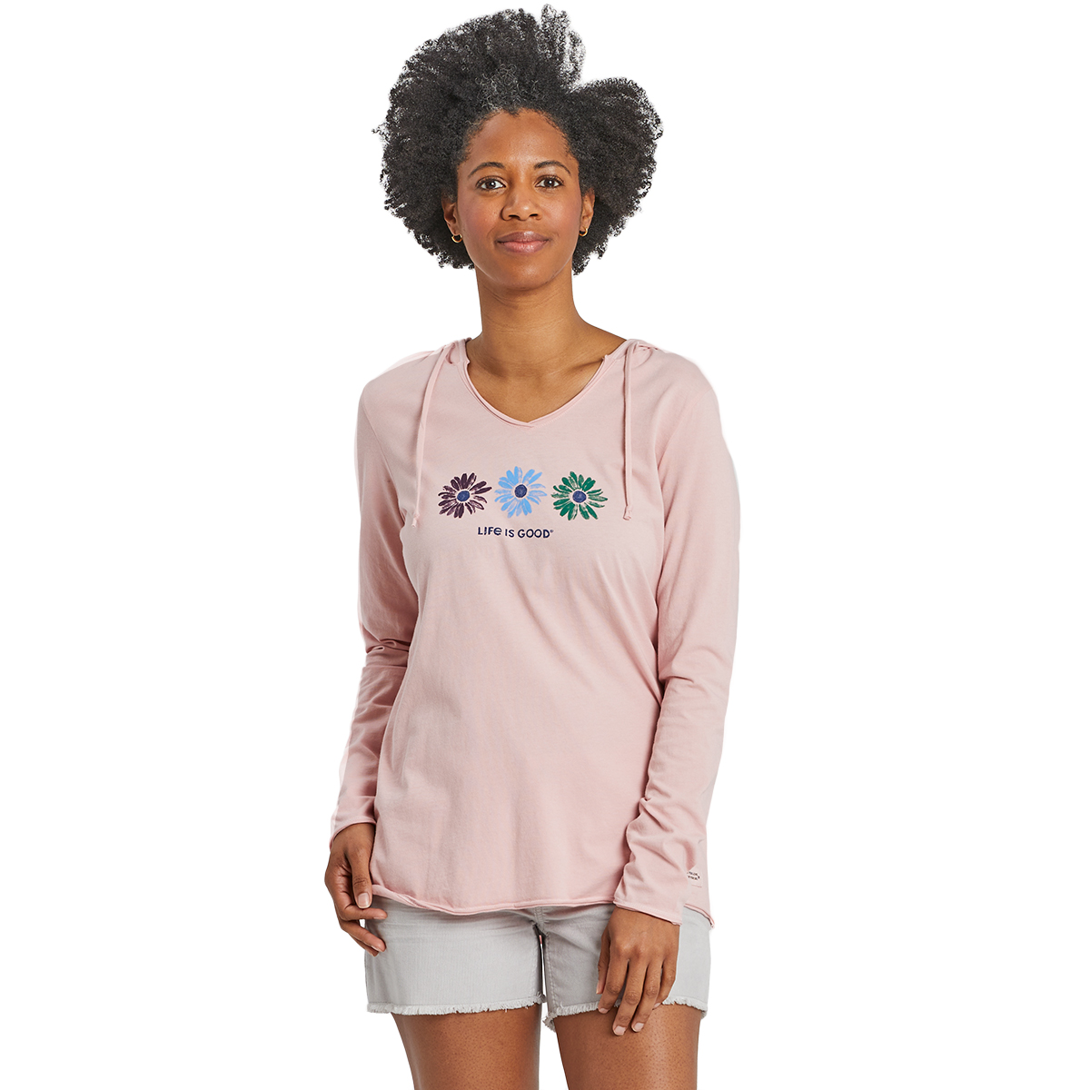 Life Is Good Women's 3 Daisies Long-Sleeve Crusher Lite Hooded Tee