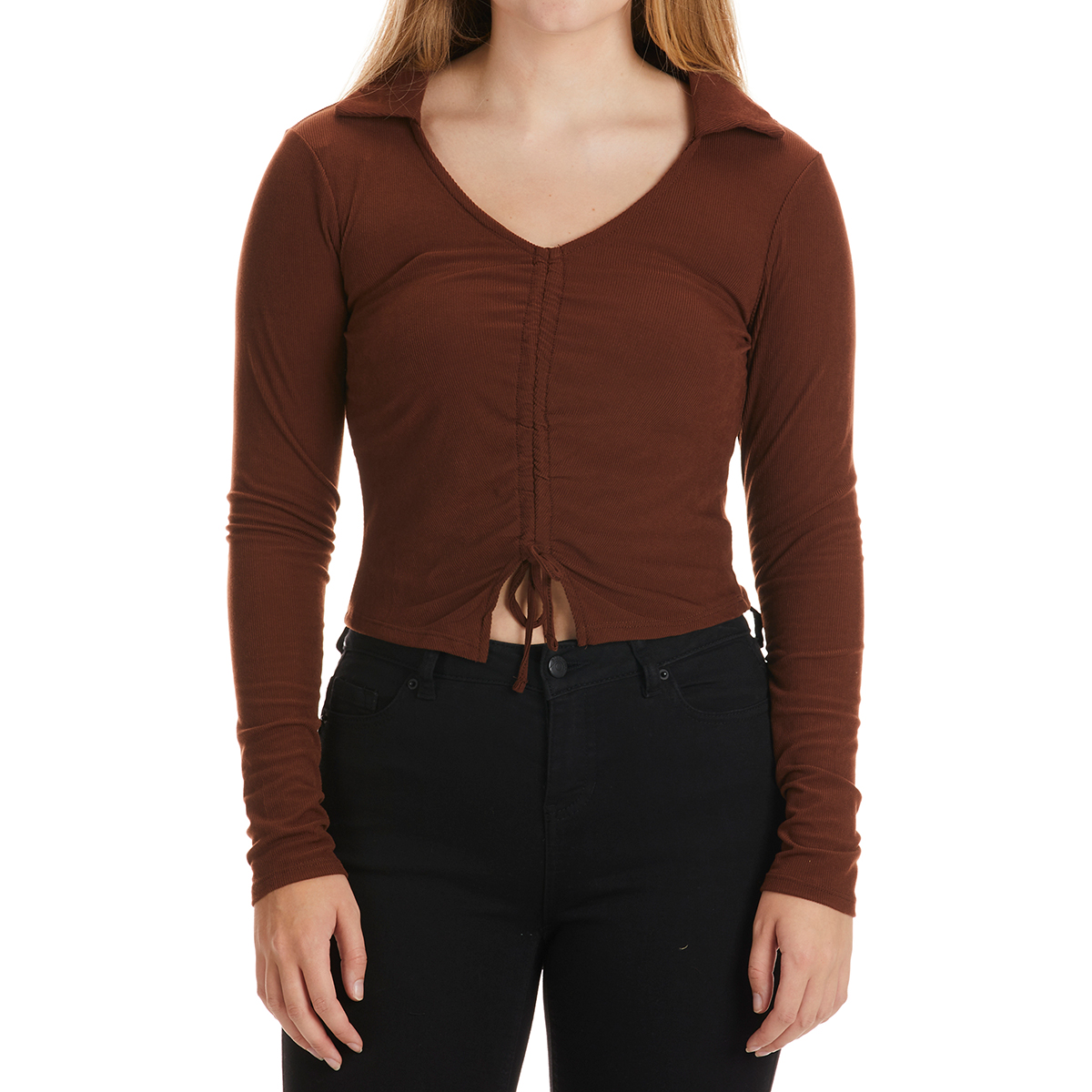 No Comment Juniors' Ruched Front Long-Sleeve Top