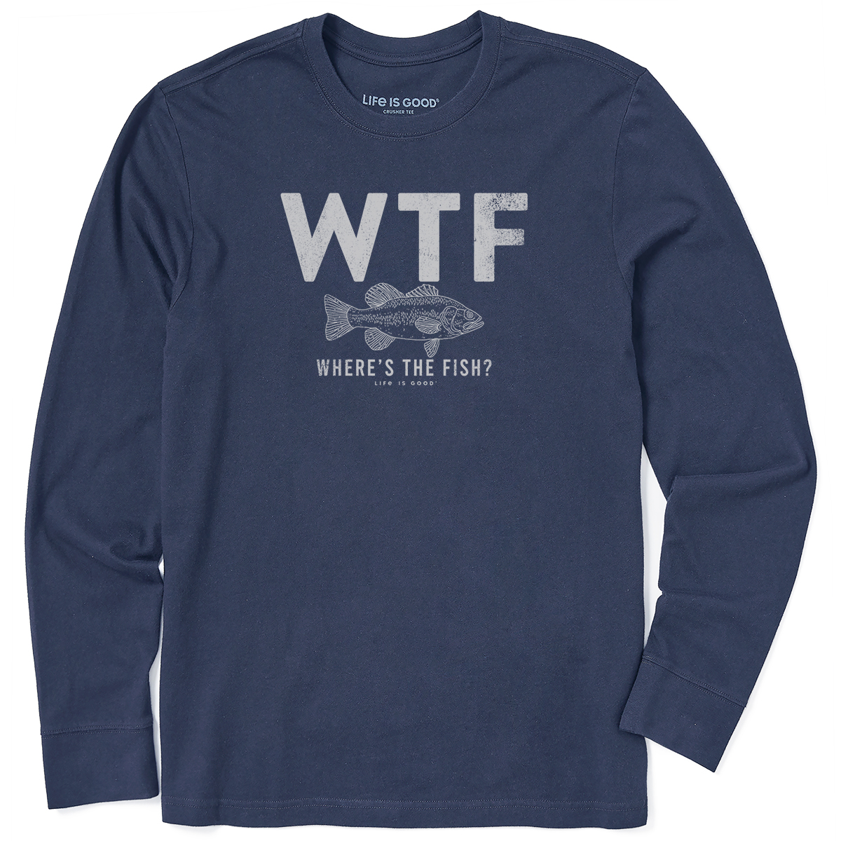 Life Is Good Men's Wtf Drawing Bass Long-Sleeve Crusher Tee, Blue