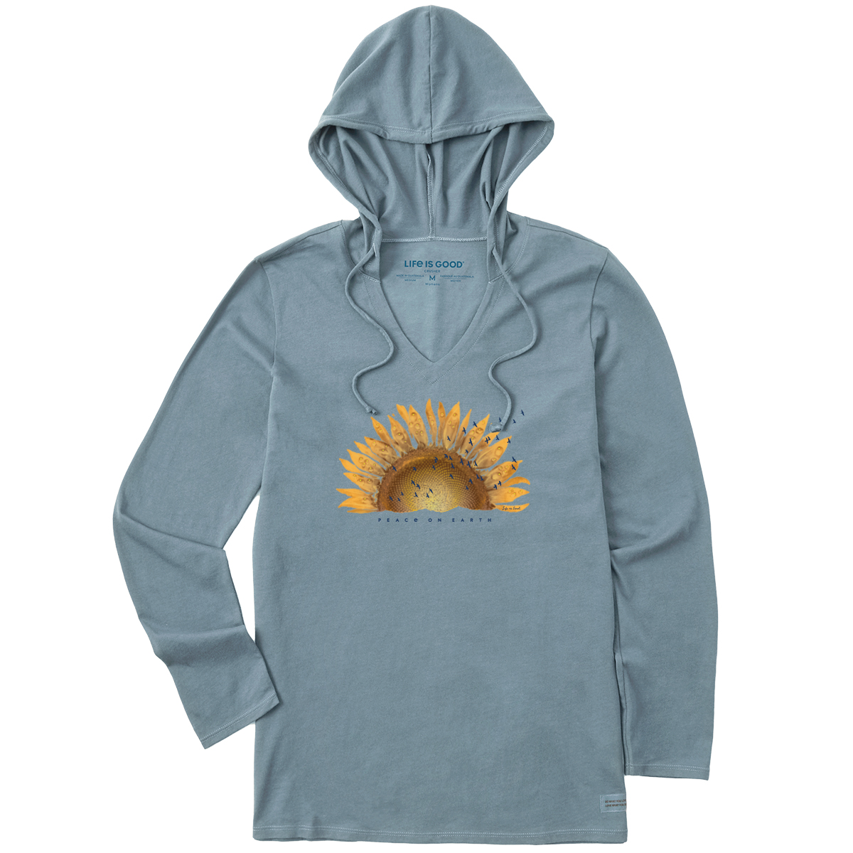 Life Is Good Women's Sunflower Peace On Earth Long-Sleeve Crusher-Lite Hooded Tee, Blue