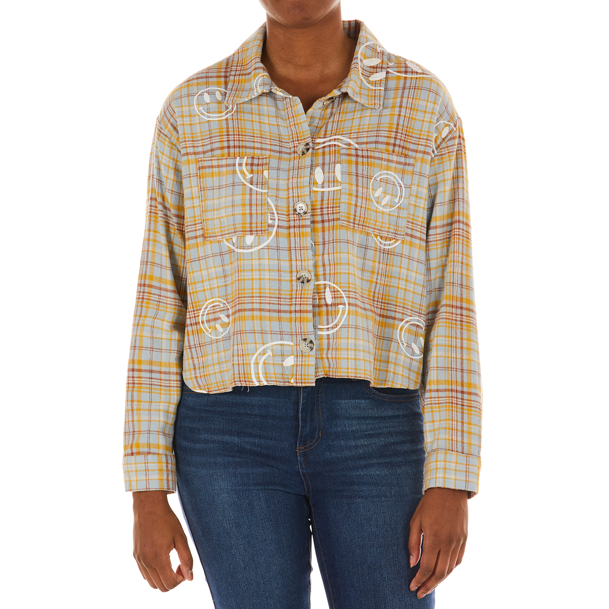 No Comment Juniors' Smiley Long-Sleeve Boxy Flannel