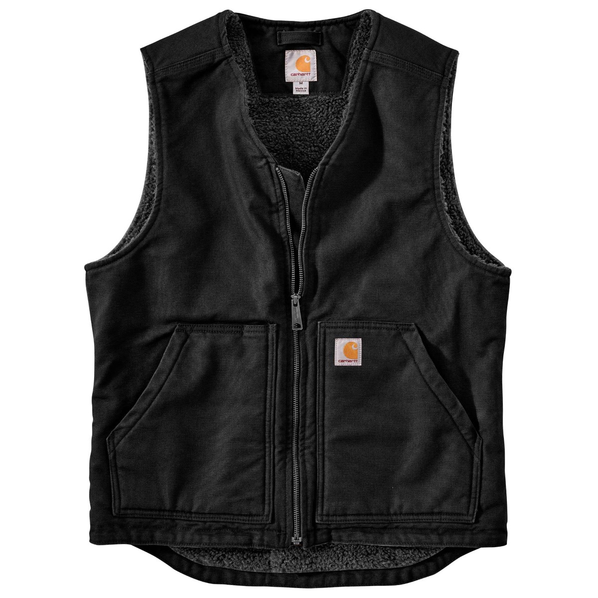 Carhartt Men's 104394 Relaxed Fit Washed Duck Sherpa-Lined Vest, Extended Sizes, Black