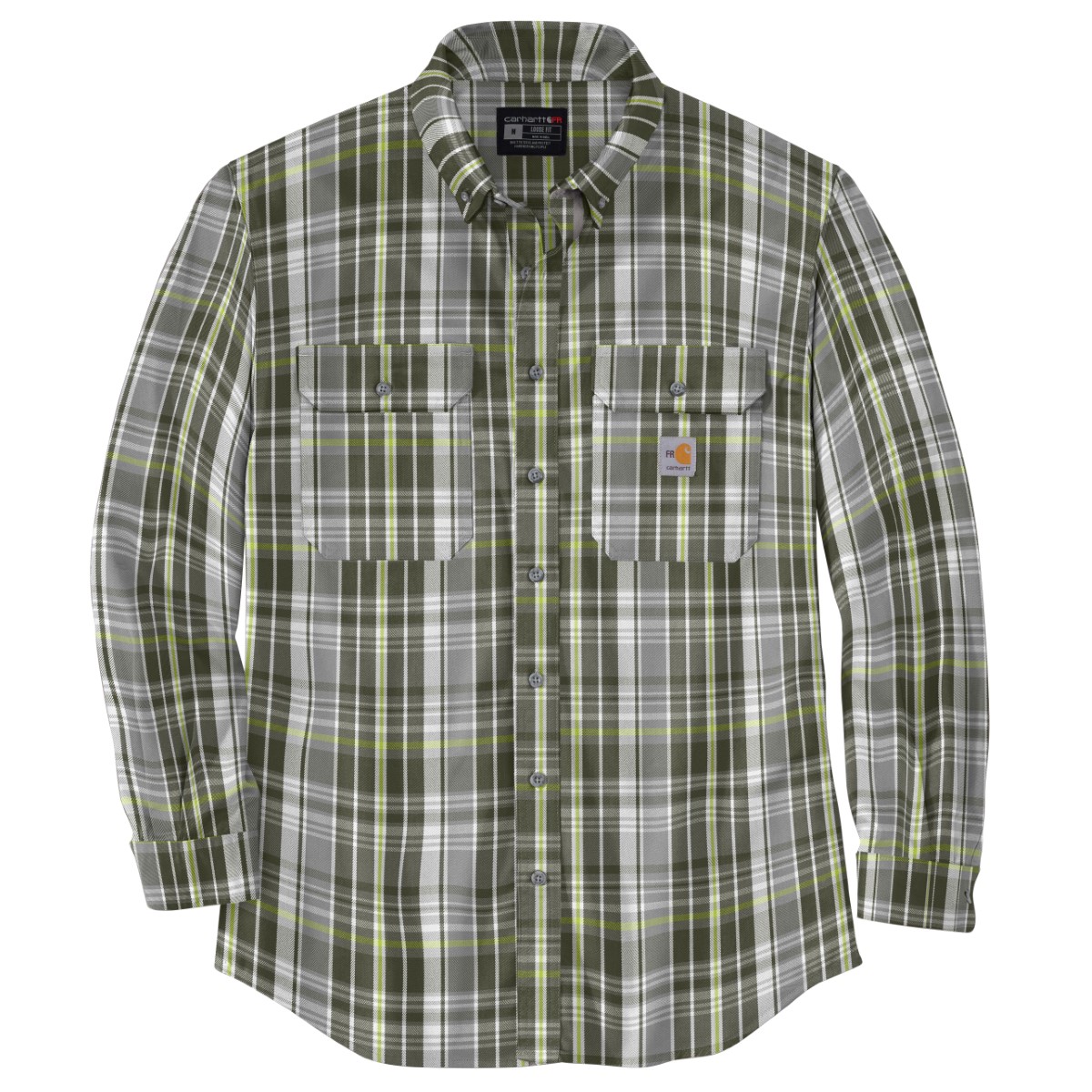 Carhartt Men's 104507 Flame Resistant Force Rugged Flex Loose Fit Midweight Twill Plaid Shirt, Exten, Green