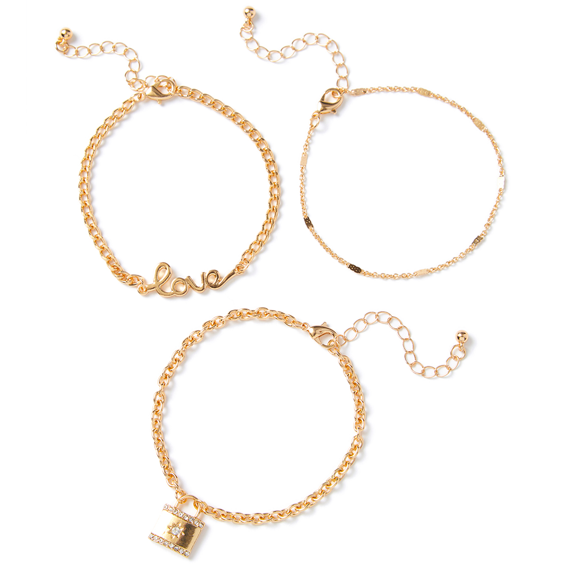 Charming Charlie Gold Lock Bracelets, 3 Pieces