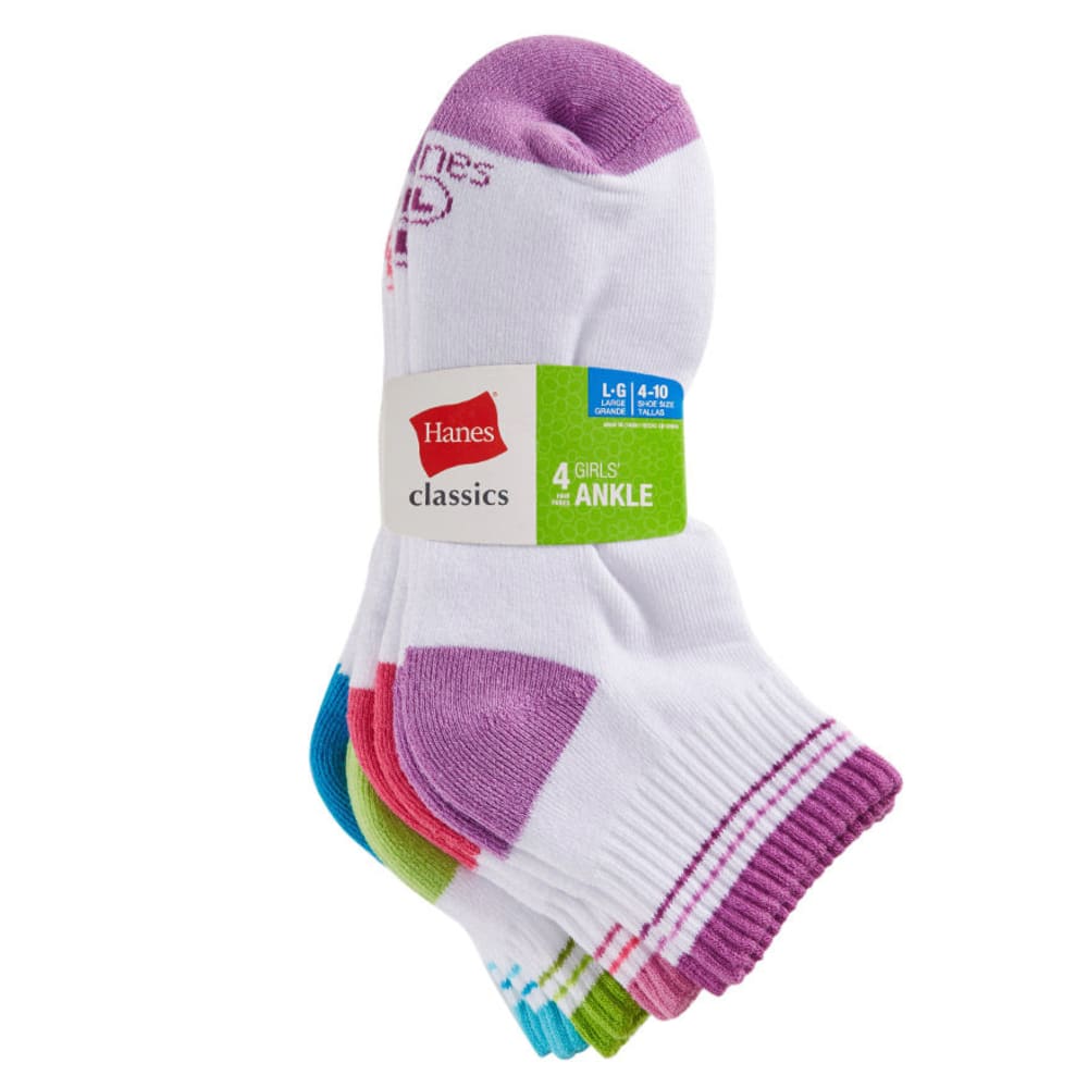 HANES Girls' Classics Ankle Socks, 4-Pack L
