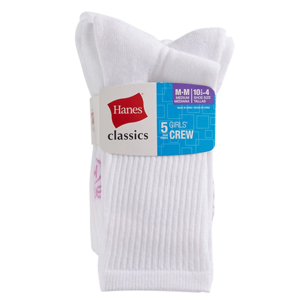 HANES Girls' Classics Crew Socks, 5-Pack M