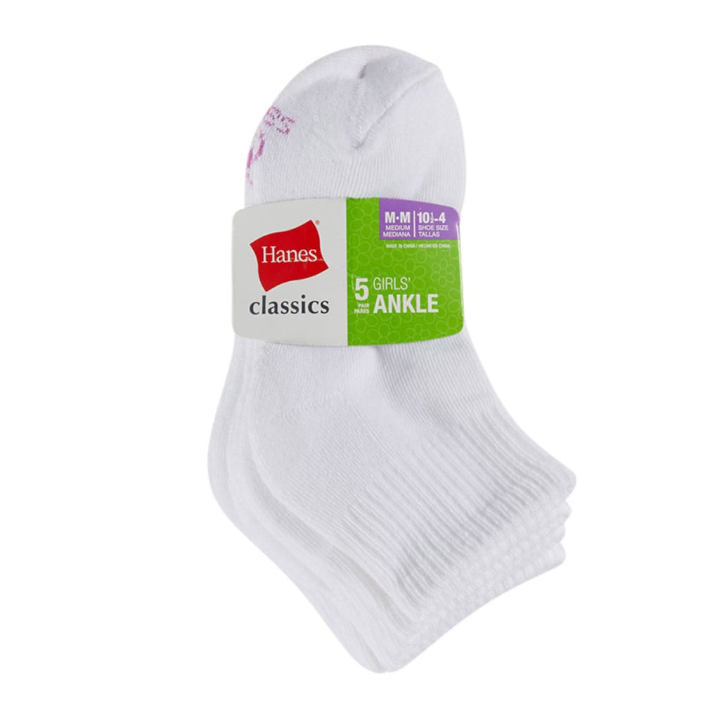 HANES Girls' Classics Ankle Socks, 5-Pack M