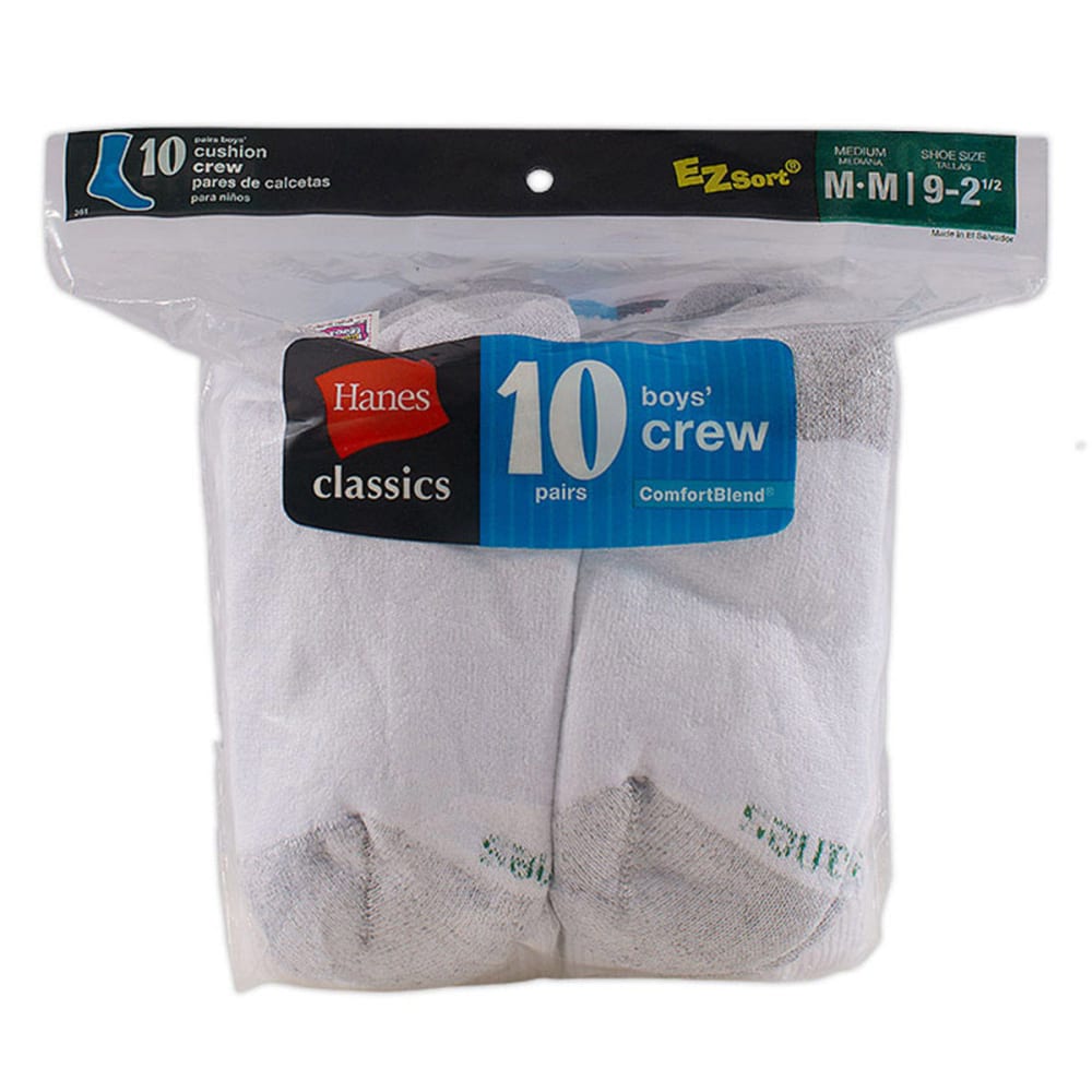 HANES Boys' Classics EZ Sort® Cushion Crew Socks, 10-Pack 6-8.5