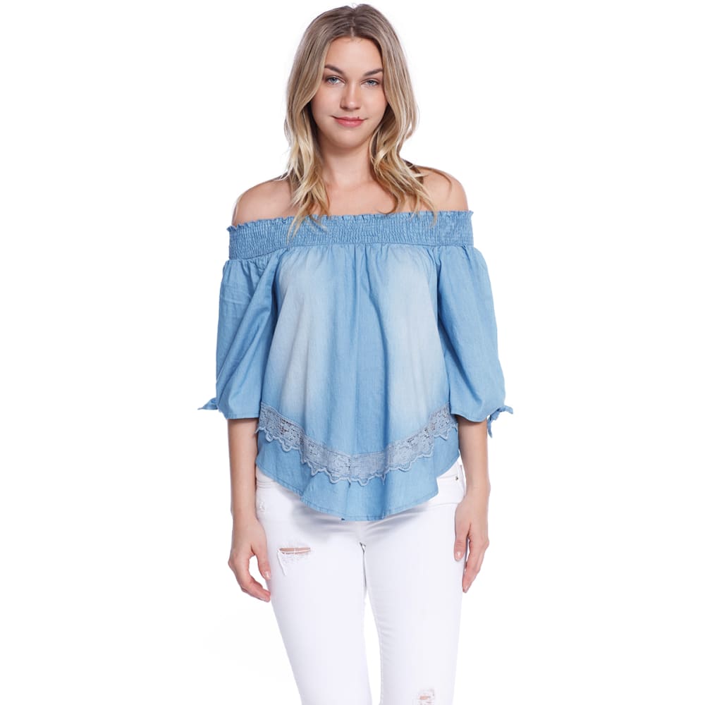 TAYLOR & SAGE Juniors' Denim Off-Shoulder Top - Bob’s Stores