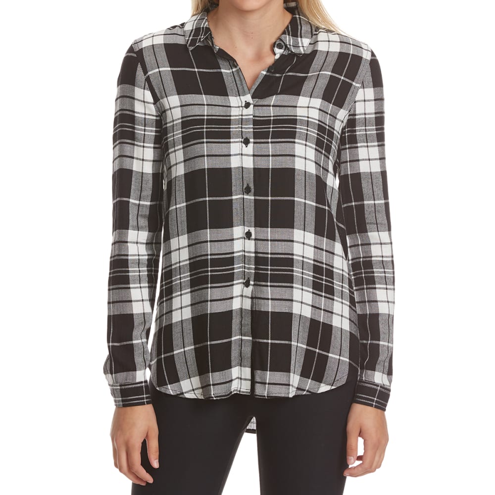 PINK ROSE Juniors' Lace Back Plaid Long-Sleeve Shirt S