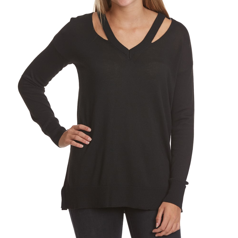 POOF Juniors' Cutout Detail V-Neck Long-Sleeve Sweater S