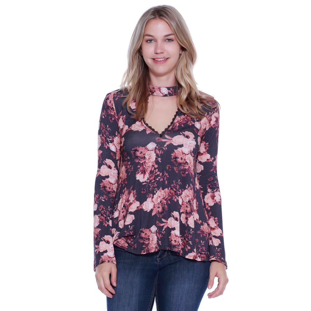 TAYLOR & SAGE Juniors' Floral Keyhole Long-Sleeve Woven Shirt - Bob’s ...