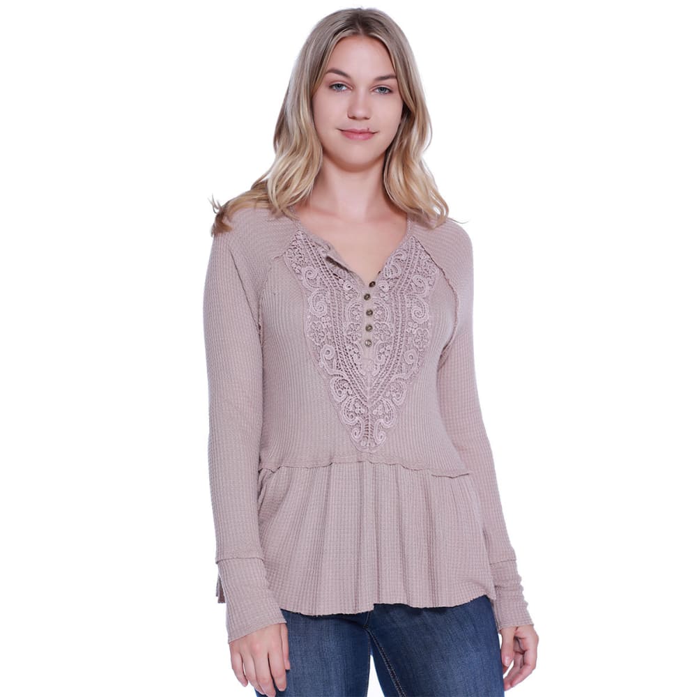 TAYLOR & SAGE Juniors' Lace Front Waffle Long-Sleeve Peplum Top - Bob’s ...