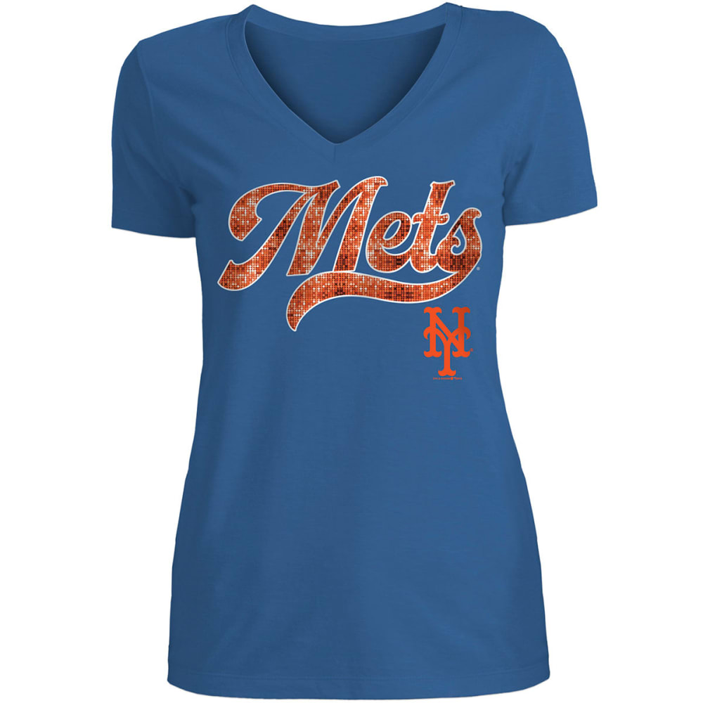 NEW YORK METS Women's Slub Sequin V-Neck Tee XL