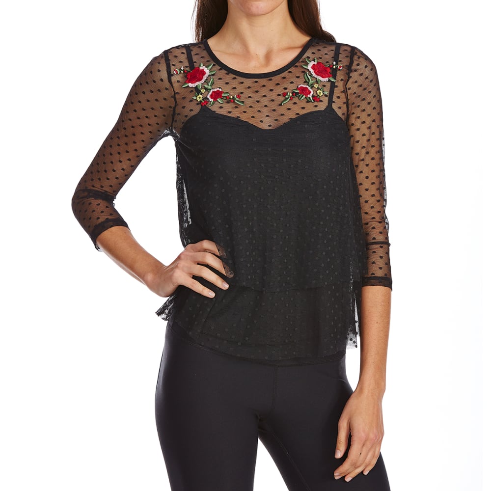 ALMOST FAMOUS Juniors' Embroidered Rose Sweetheart Mesh Long-Sleeve Top S