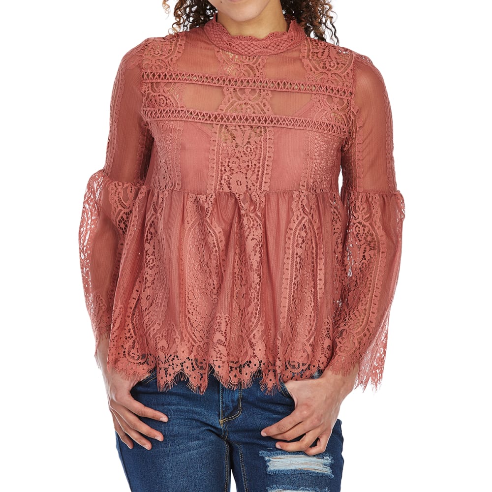 TAYLOR & SAGE Juniors' All-Over Lace Long-Sleeve Babydoll Top L