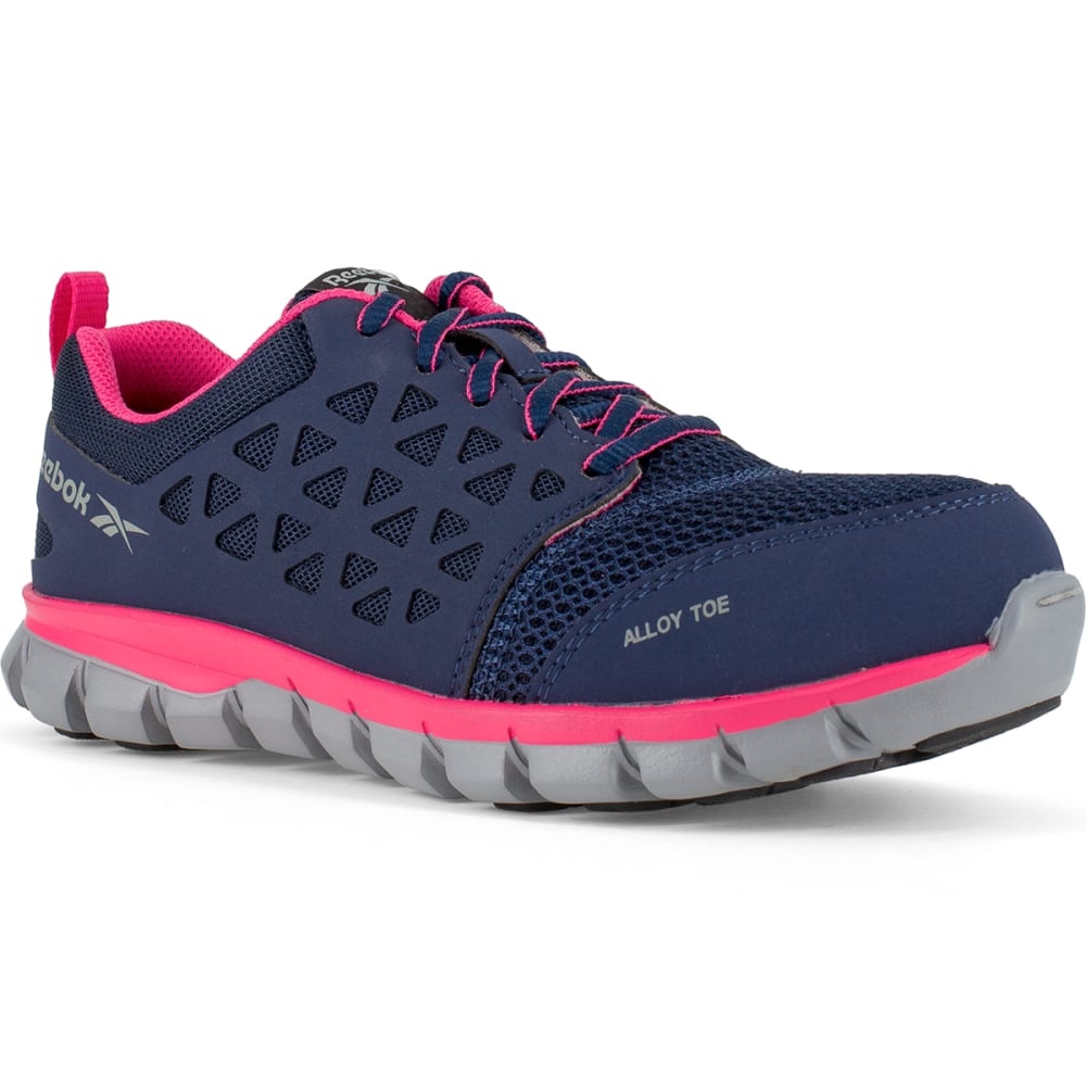 REEBOK WORK Women's Sublite Cushion Work Alloy Toe Athletic Oxford Sneakers, Navy/Pink 5