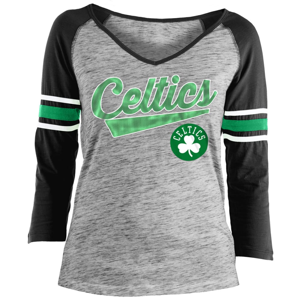 BOSTON CELTICS Women's Space-Dye Sequin Logo Raglan ¾-Sleeve Tee L