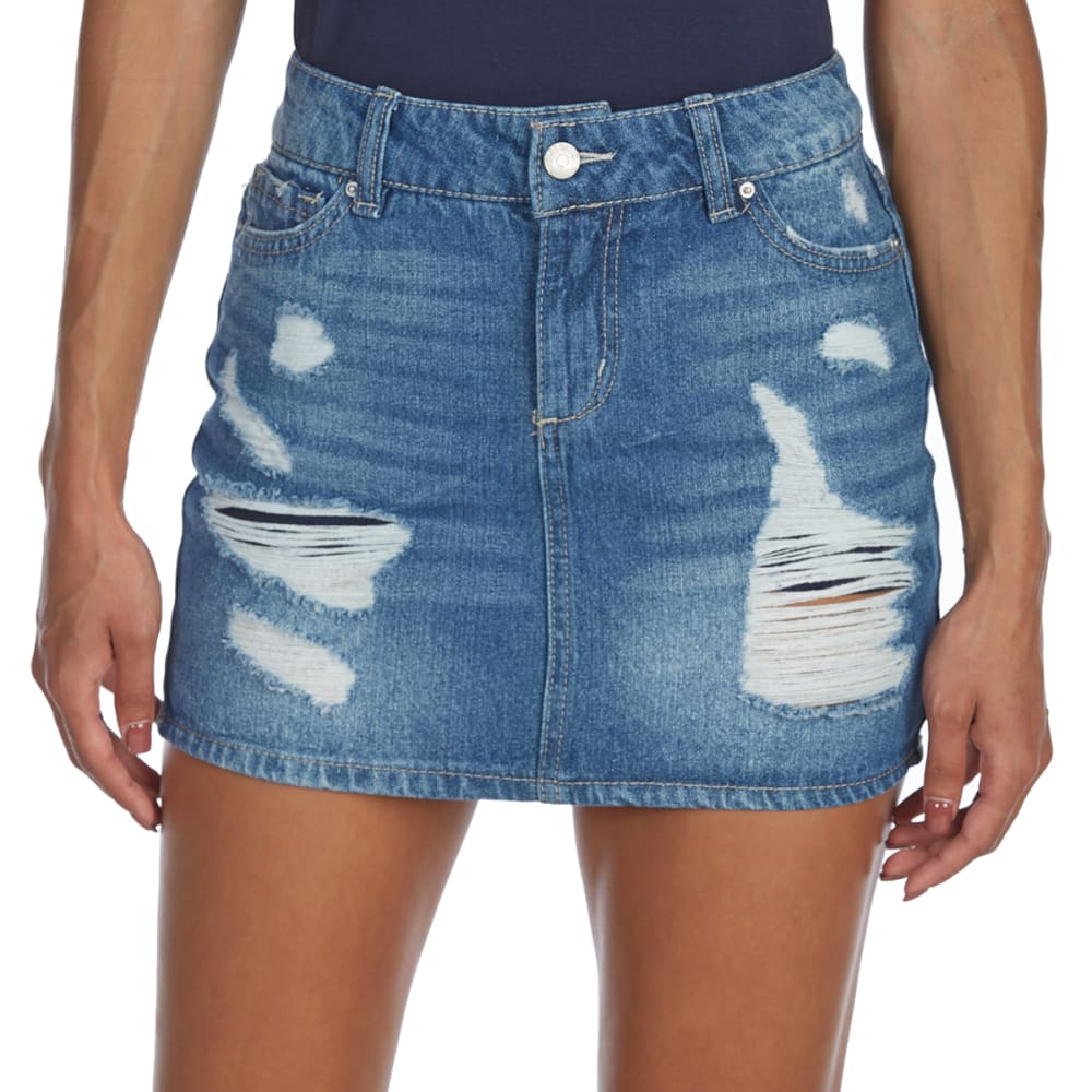 BLUE SPICE Juniors' Destructed High-Waist Denim Mini Skirt - Bob’s Stores