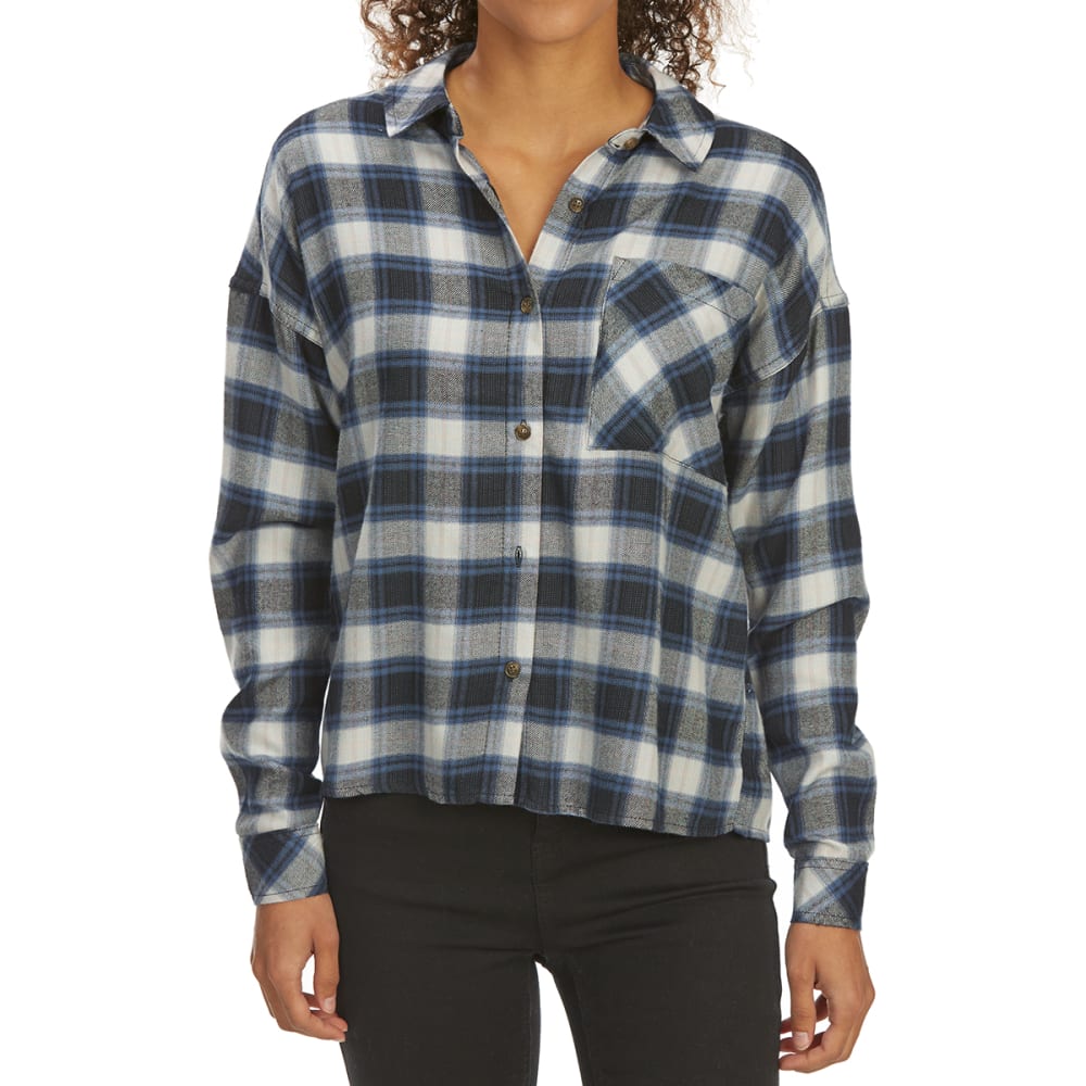 PINK ROSE Juniors' Brushed Plaid Long-Sleeve Flannel Shirt - Bob’s Stores