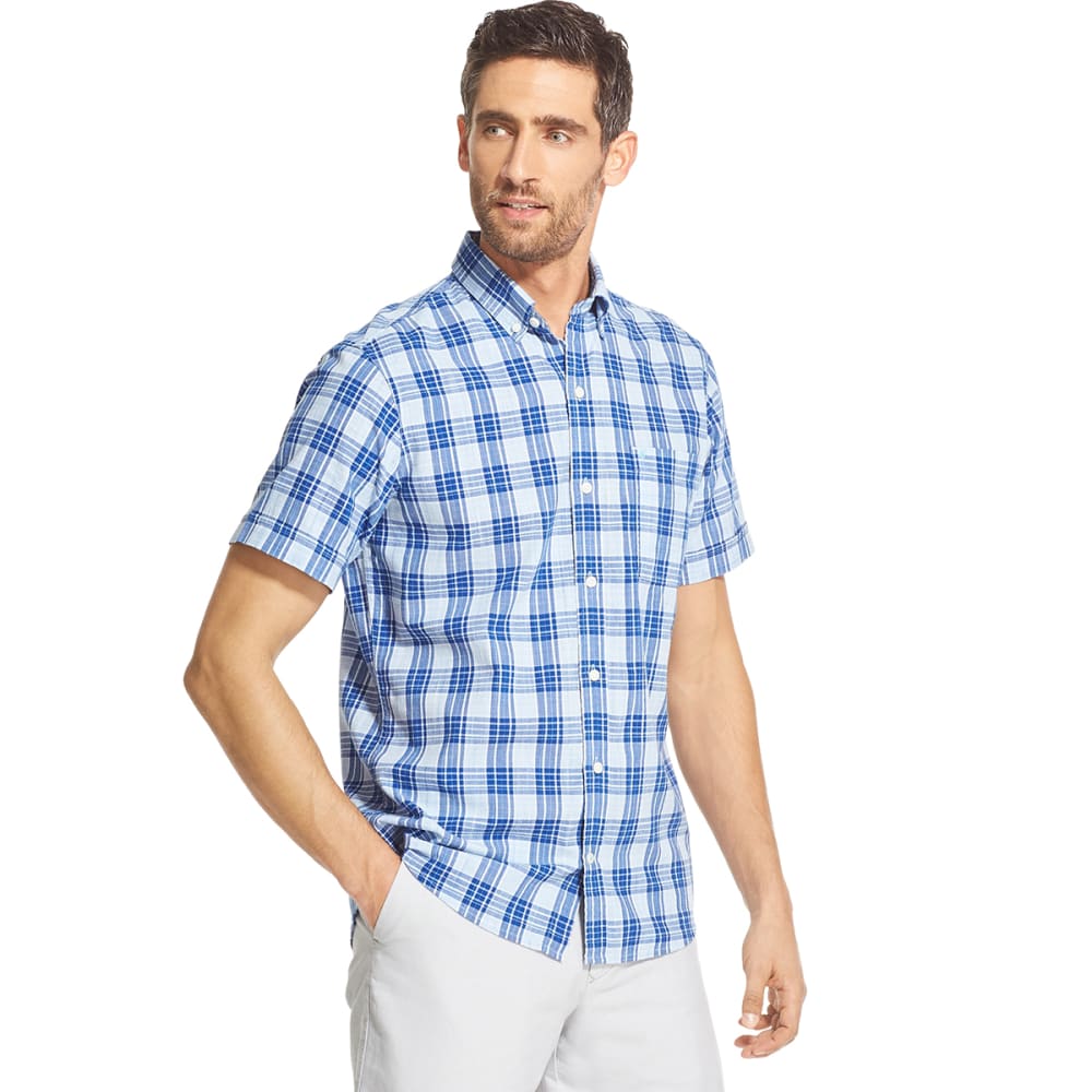 IZOD Men's Short-Sleeve Saltwater Dockside Chambray Plaid Button-Down ...