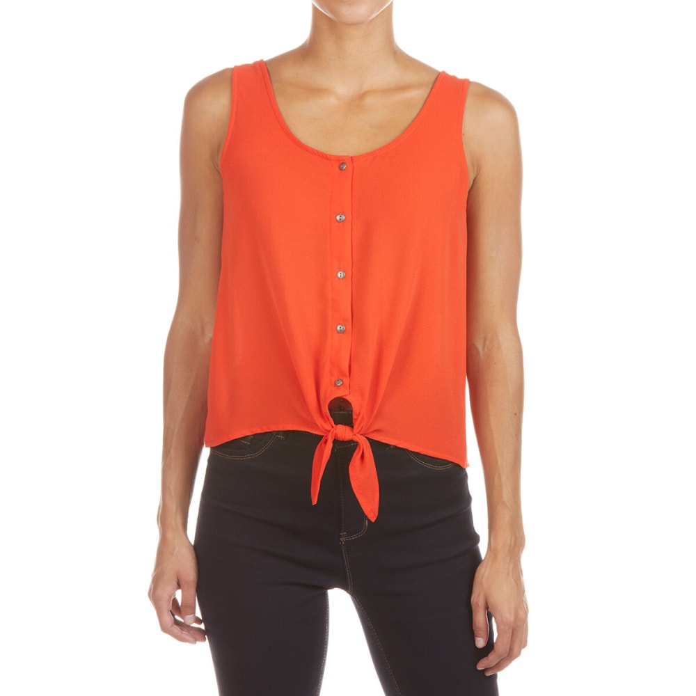 PINK ROSE Juniors' Sleeveless Woven Shirt with Button Front and Buttom Tie S