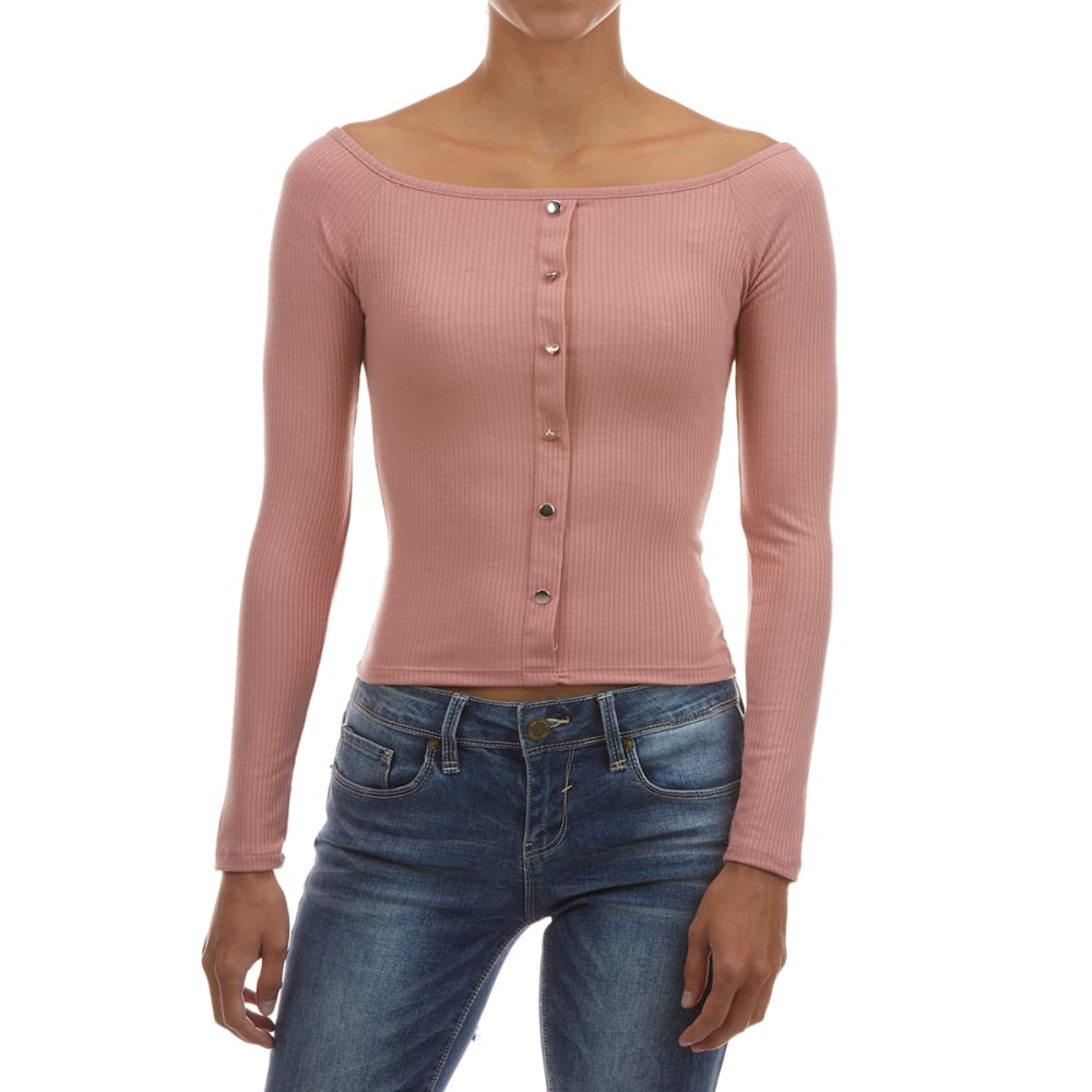 AMBIANCE Juniors' Ribbed Off the Shoulder Long-Sleeve Top S