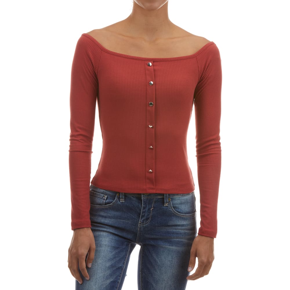 AMBIANCE Juniors' Ribbed Off the Shoulder Long-Sleeve Top S