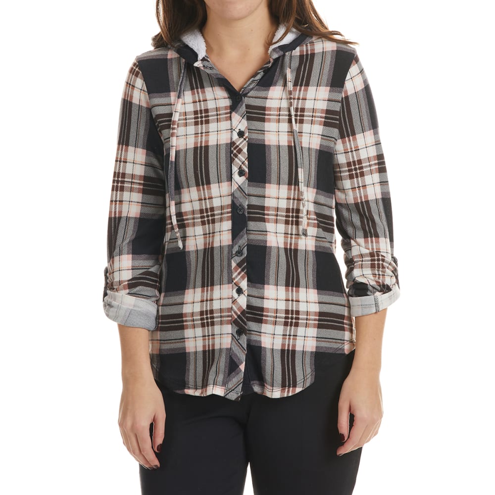 NO COMMENT Juniors' Sherpa Lined Button Front Hoodie S