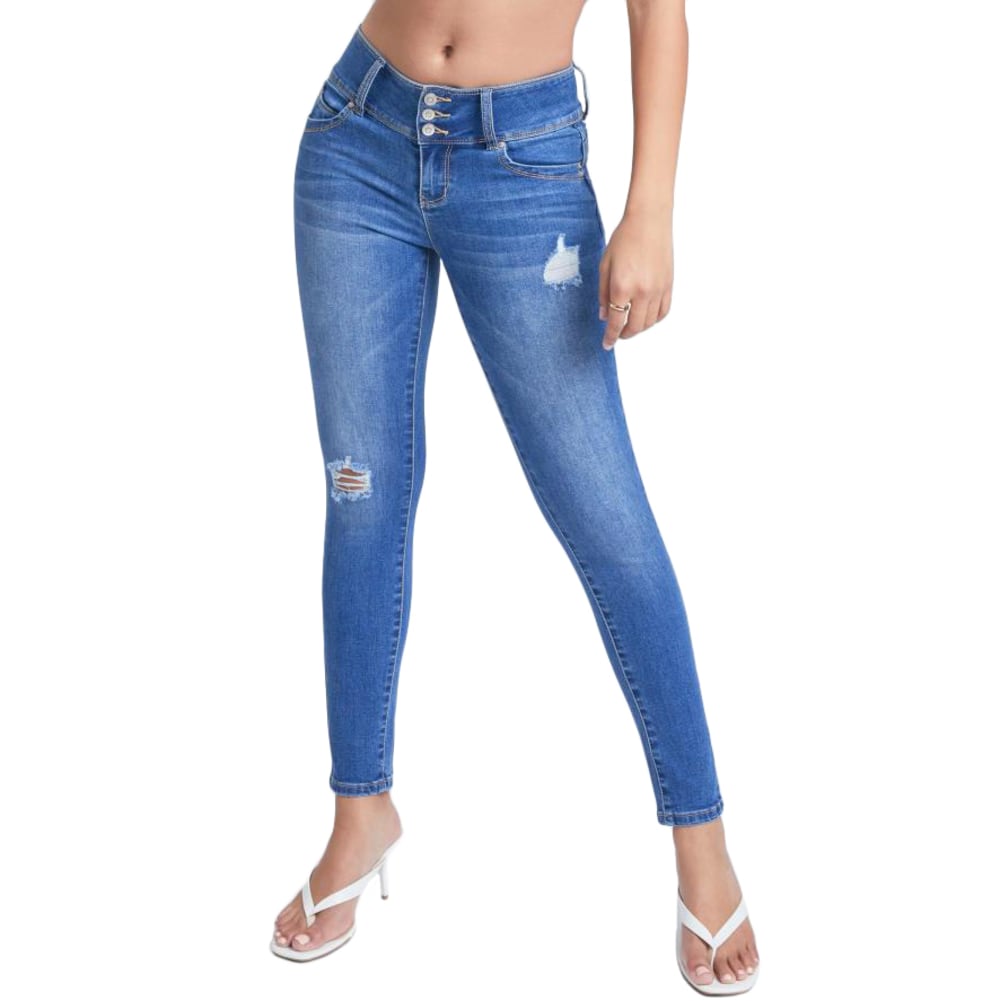 YMI Juniors' WannaBettaButt Mid Rise 3-Button Skinny Jean 1