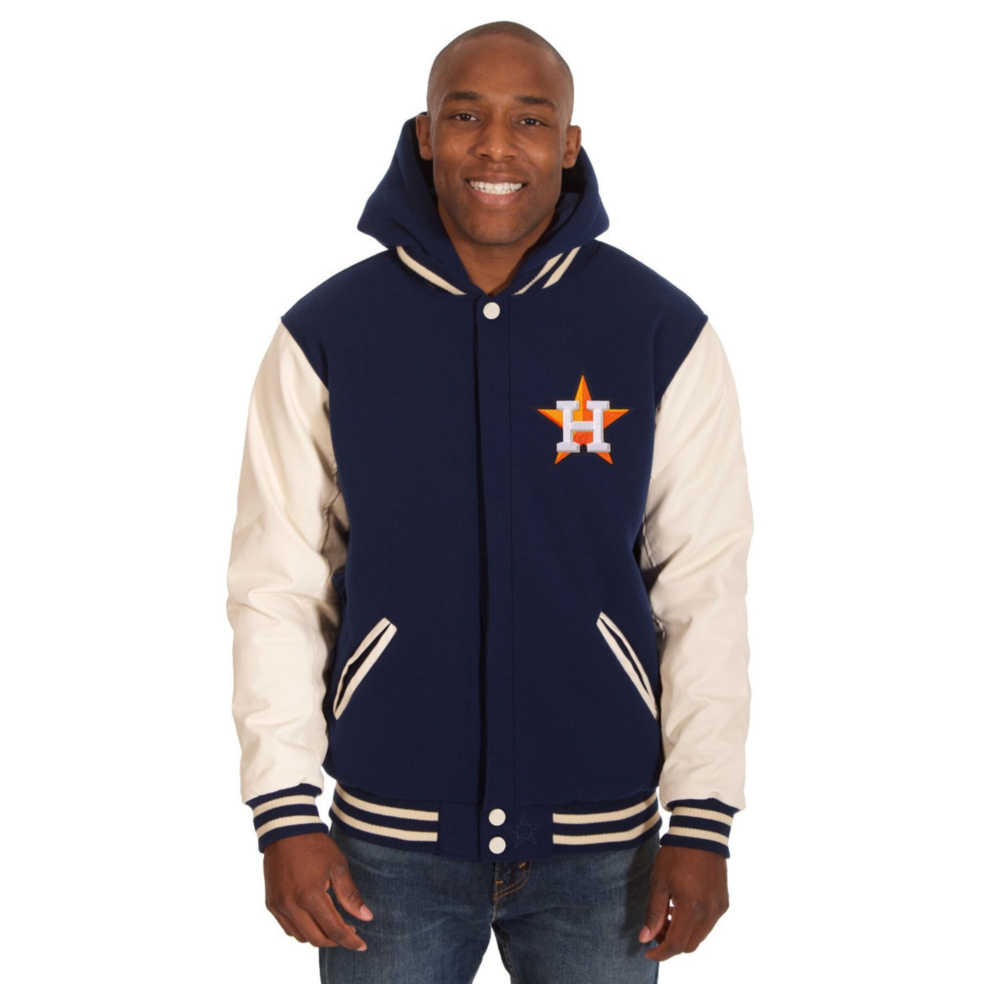 Houston Astros - JH Design Reversible Fleece Jacket with Faux Leather Sleeves - Navy/White 4X-Large