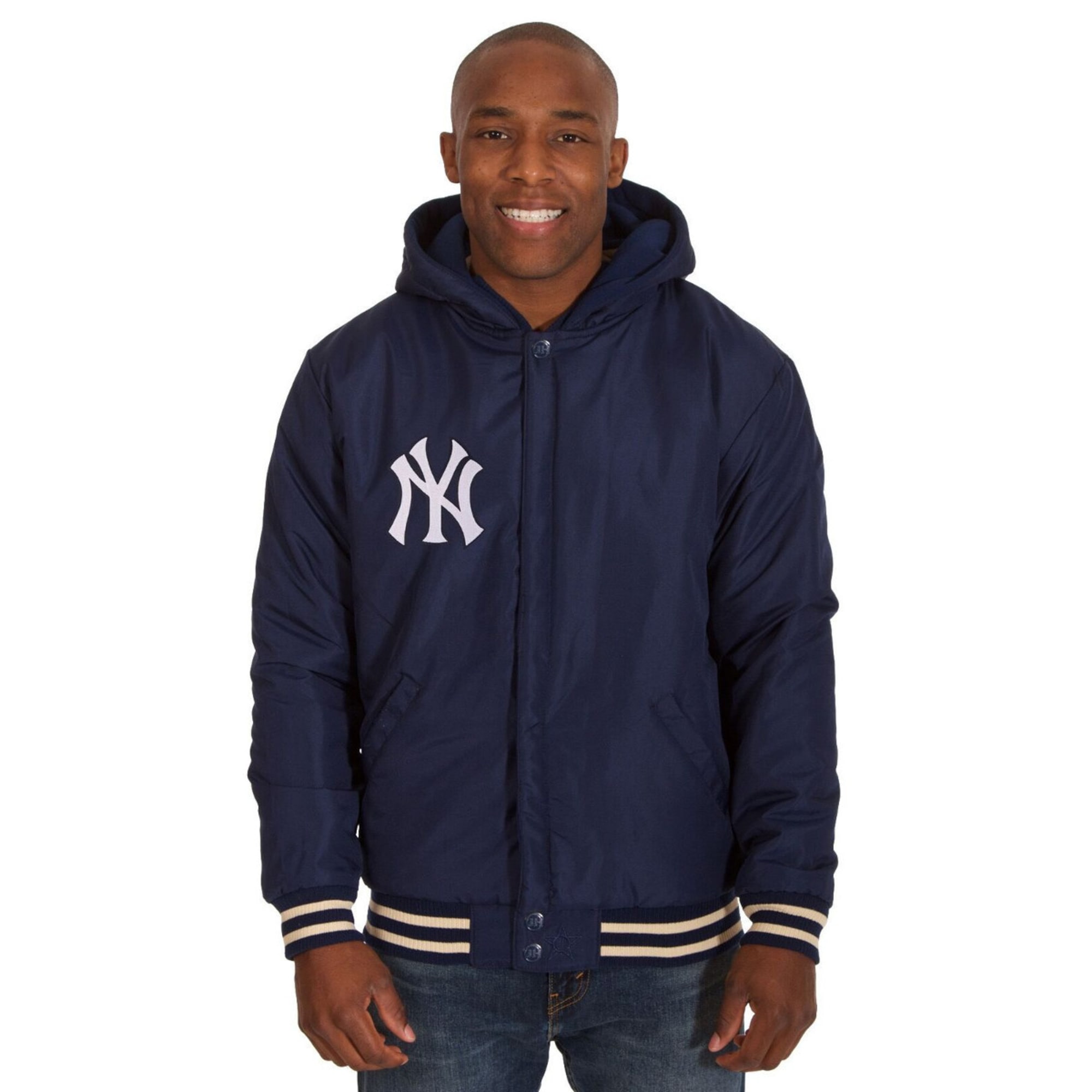 New York Yankees JH Design Reversible Fleece Jacket with Faux Leather Sleeves - Navy