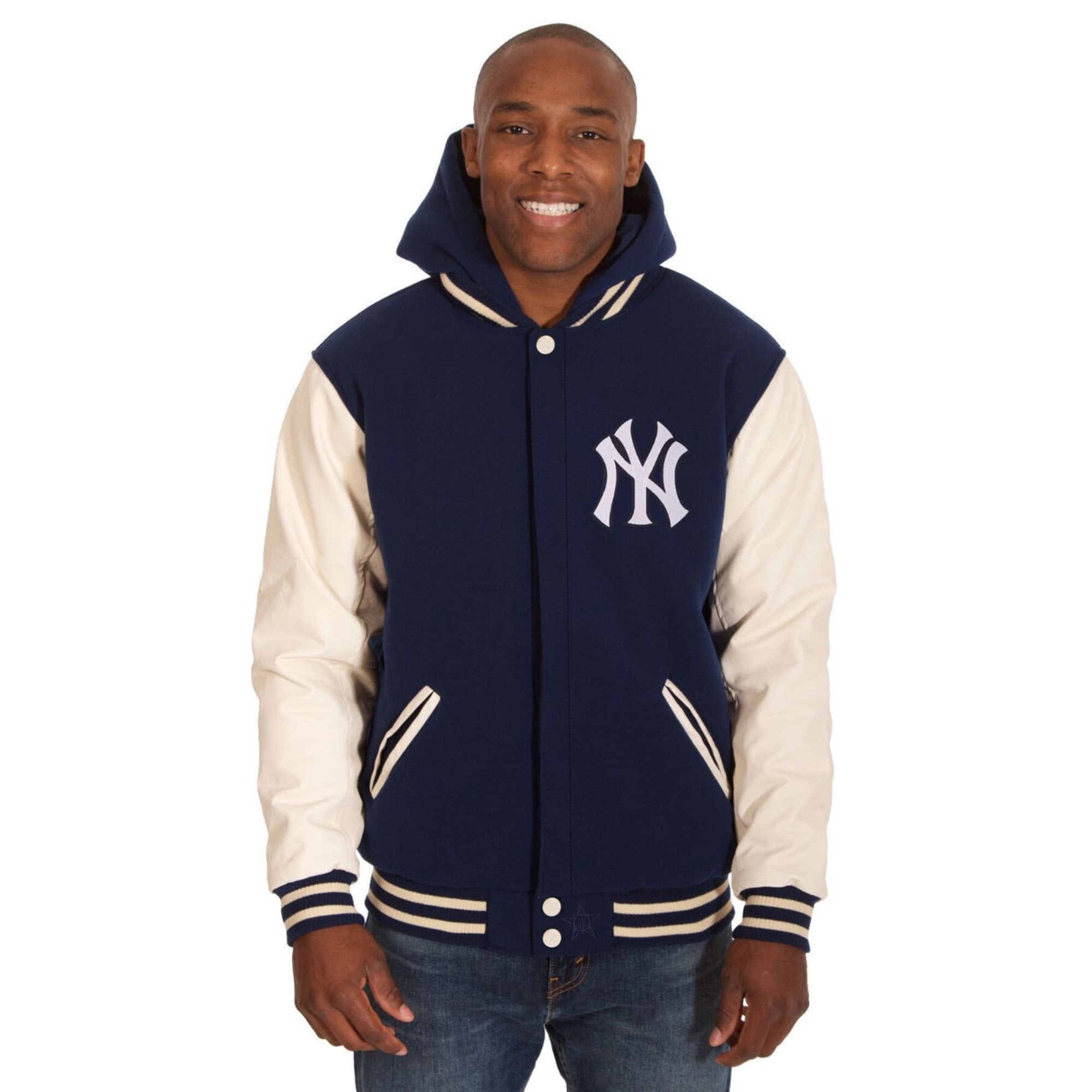 New York Yankees JH Design Reversible Fleece Jacket with Faux Leather Sleeves - Navy