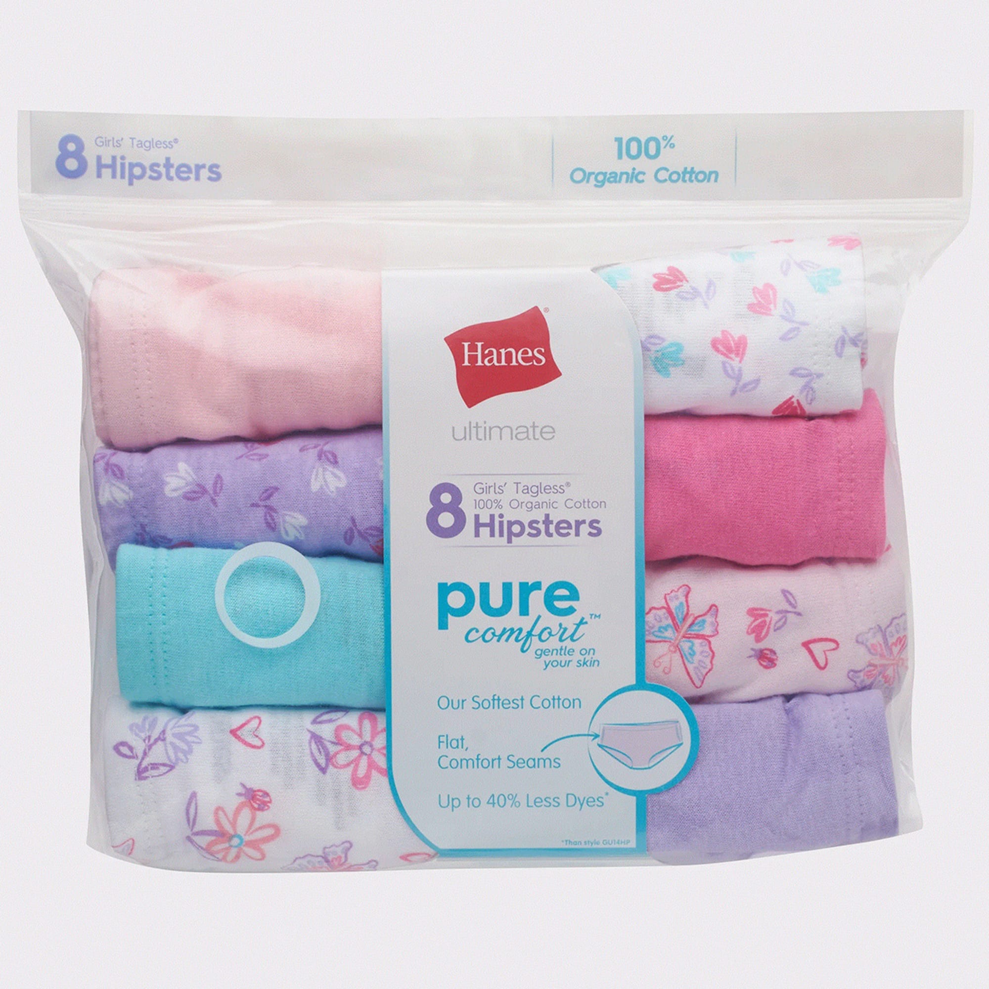 HANES Ultimate Girls' Pure Comfort Organic Cotton Hipsters. Assorted 8-Pack  - Bob's Stores