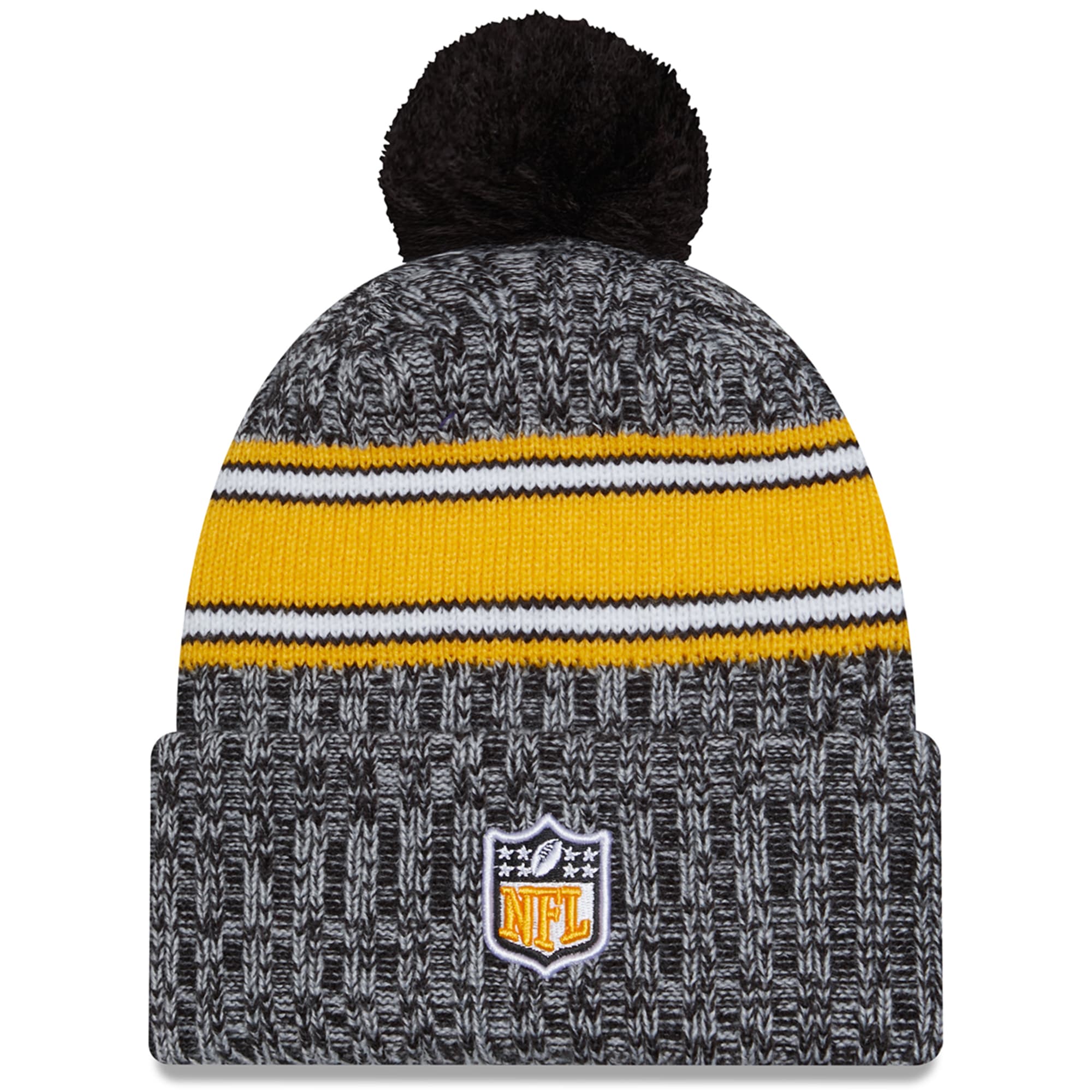 Pittsburgh Steelers New Era 2023 Black Sideline Cuffed Knit Hat with Pom