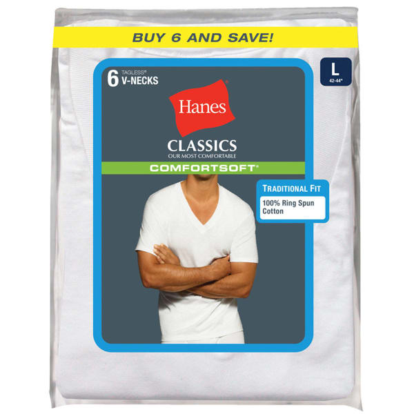 HANES Men's Classics Comfortsoft Tagless V-Neck Tees, 6-Pack