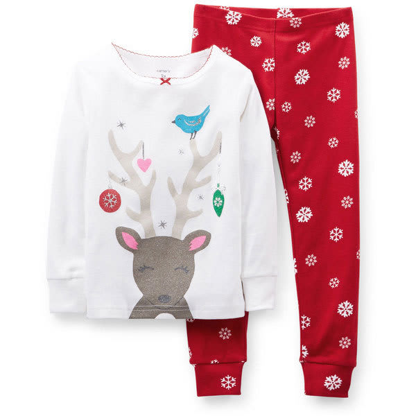 CARTER'S Girls' Christmas 2-Piece Snug Fit Cotton PJs, White Reindeer