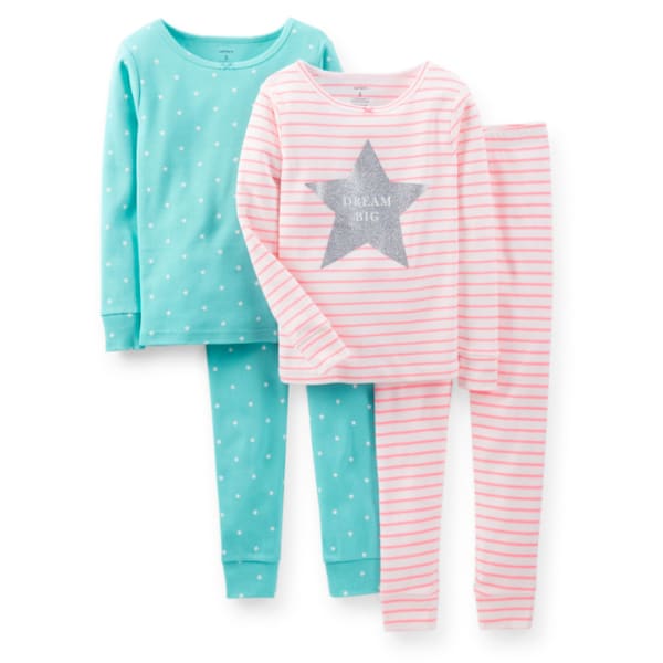 CARTER'S Girls' 4-Piece Snug Fit Cotton PJs, Hot Pink/Turquoise