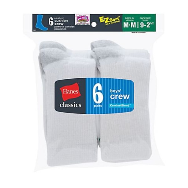 HANES Boys' Classic Crew EZ Sort Socks, 6 Pack